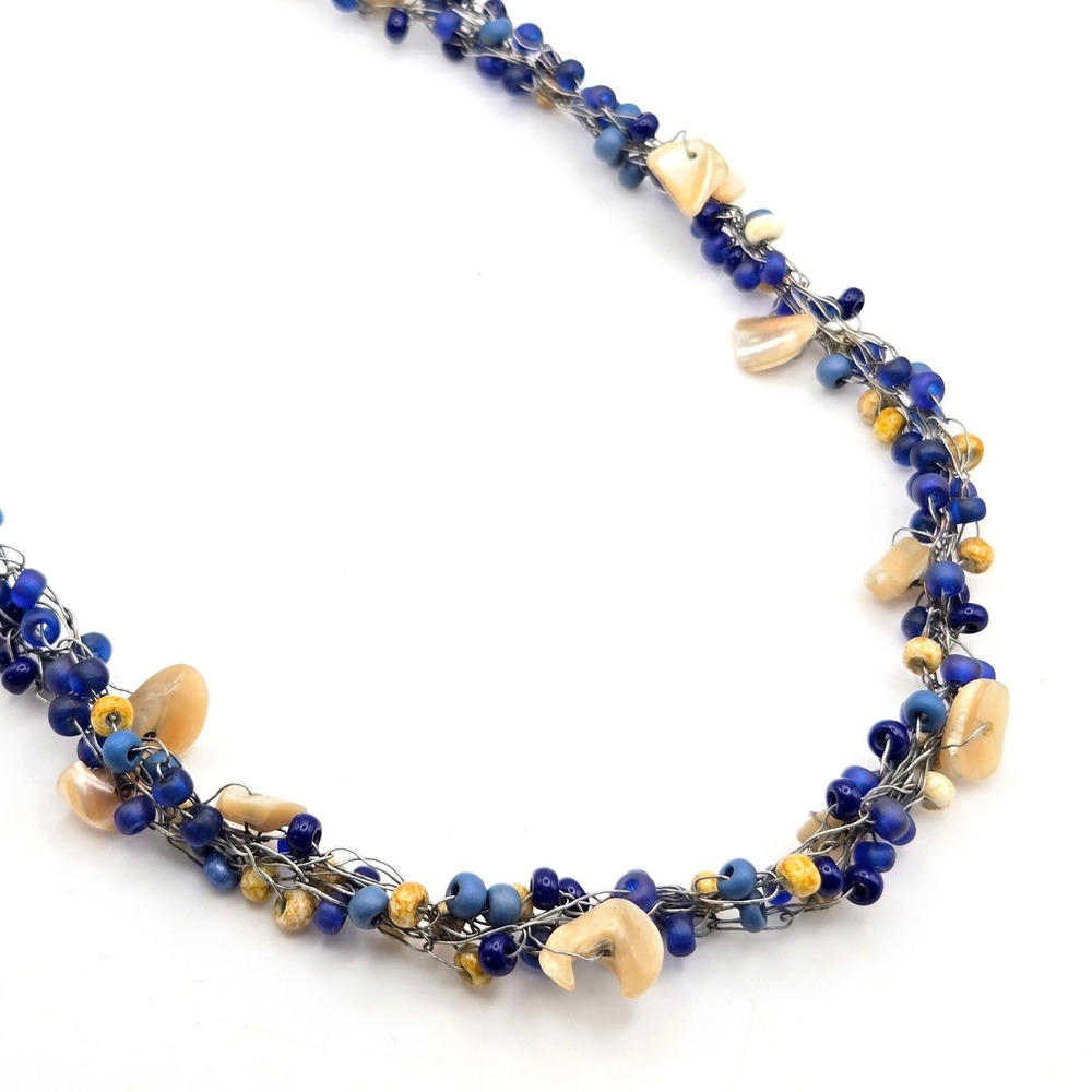 Blue Glass Seed Bead and Shell Wire Crochet Necklace Floral Lily Toggle Clasp